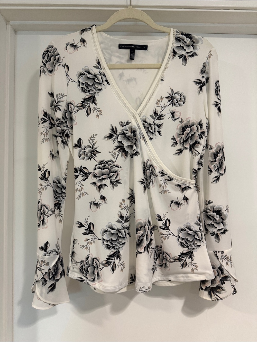 White House Black Market White Floral Faux-Wrap Long Sleeve Top